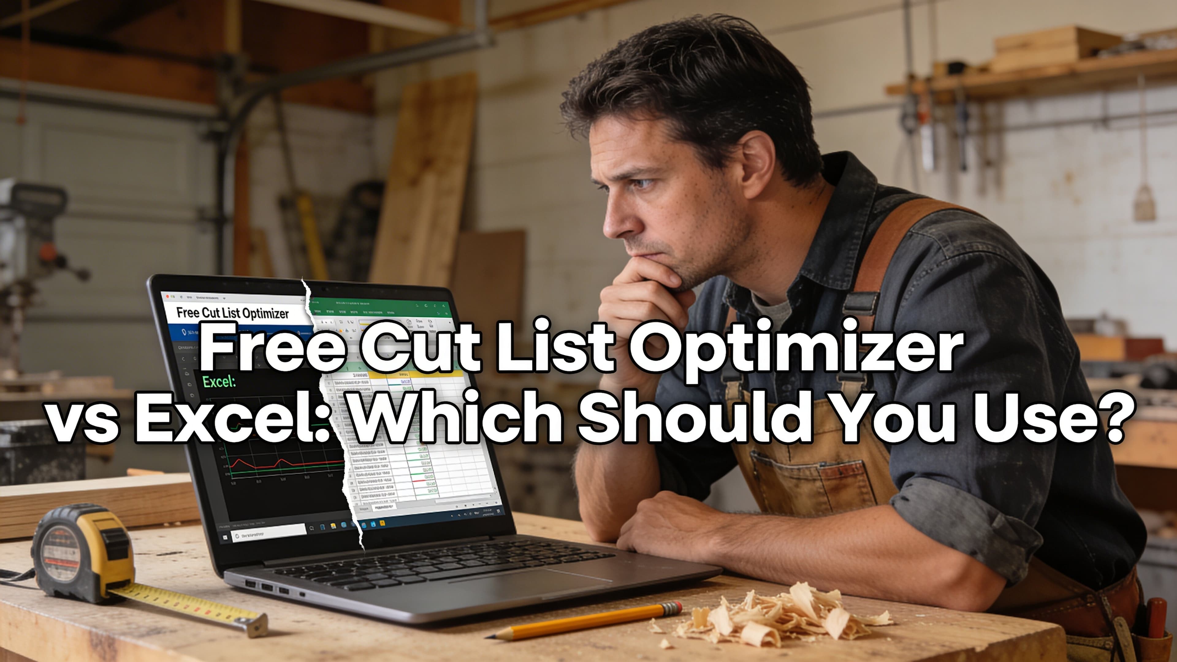 Woodworker in a workshop comparing a cut list optimizer on a laptop with an Excel spreadsheet