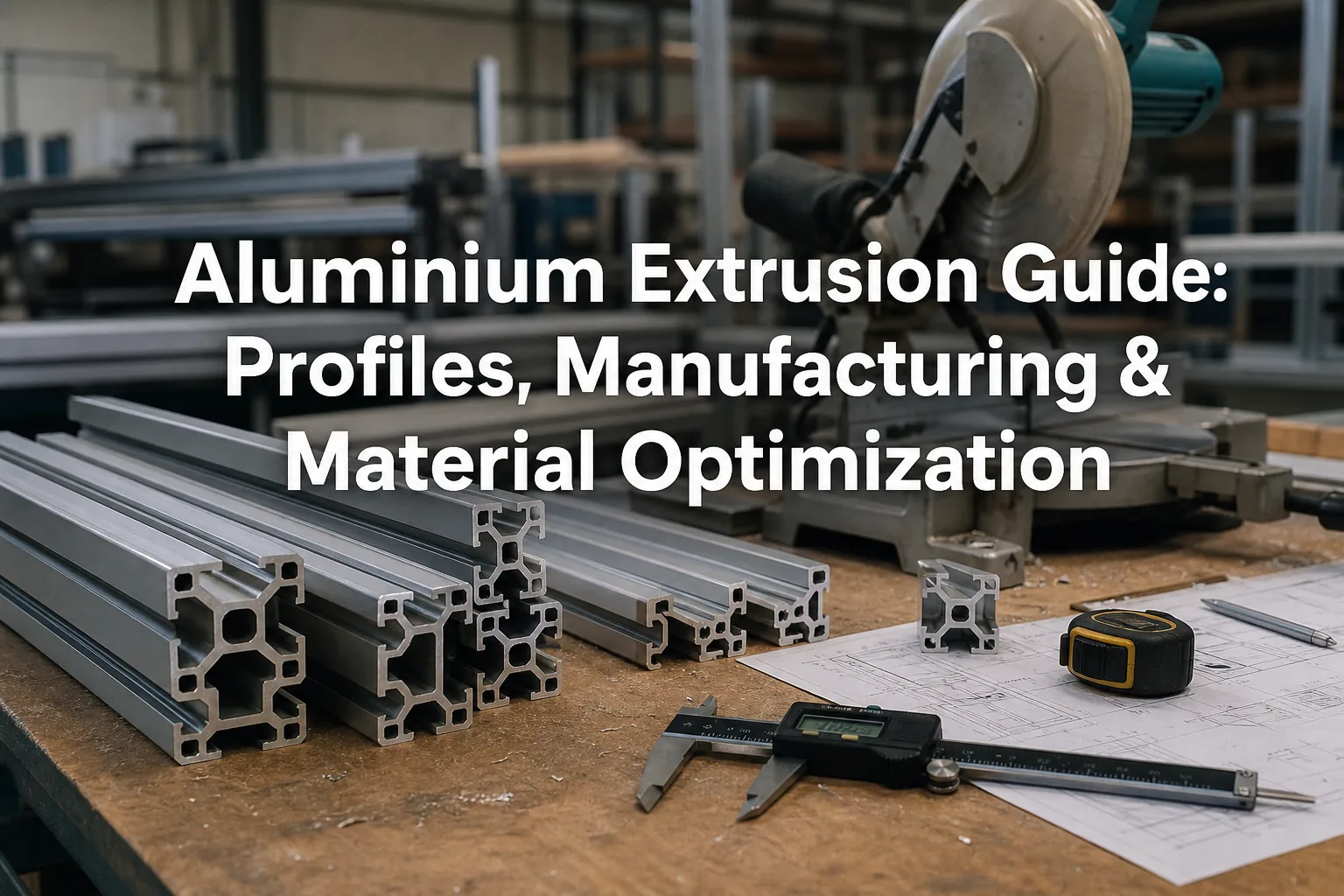 Aluminium extrusion profiles and cut lengths on a fabrication workbench
