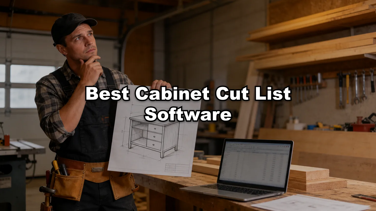 Best Cabinet Cut List Software cover — workshop photo with title overlay