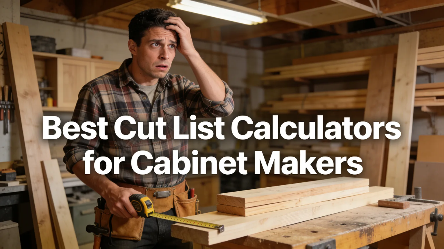 Cabinet maker measuring panels for a cut list calculator workflow