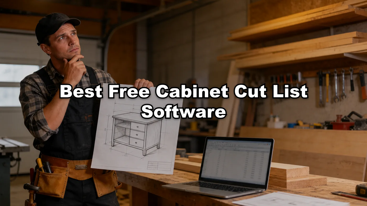 Best Free Cabinet Cut List Software cover — workshop photo with title overlay