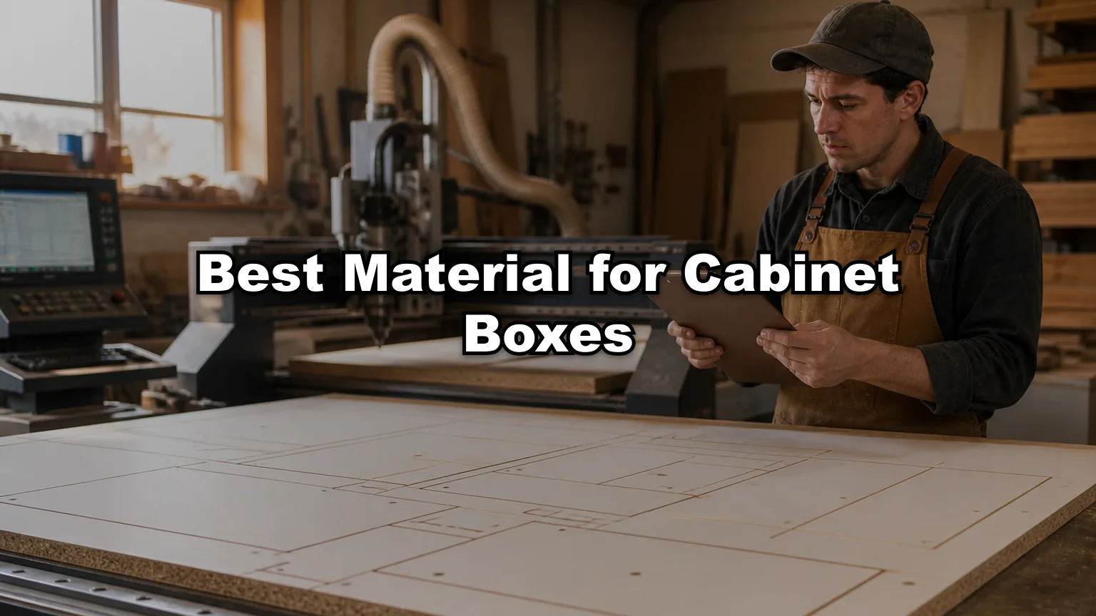 Best Material for Cabinet Boxes cover — workshop photo with title overlay