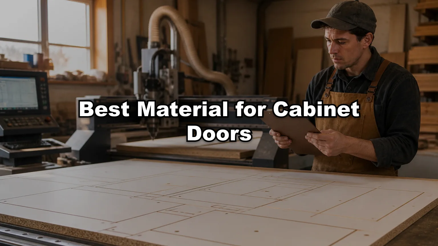 Best Material for Cabinet Doors cover — workshop photo with title overlay
