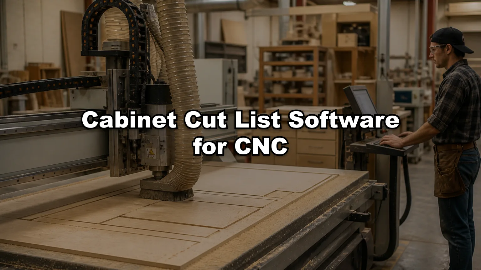 Cabinet Cut List Software for CNC cover — workshop photo with title overlay