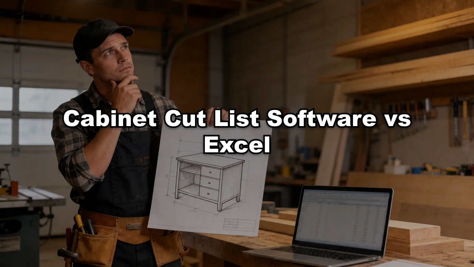 Cabinet Cut List Software vs Excel cover — workshop photo with title overlay