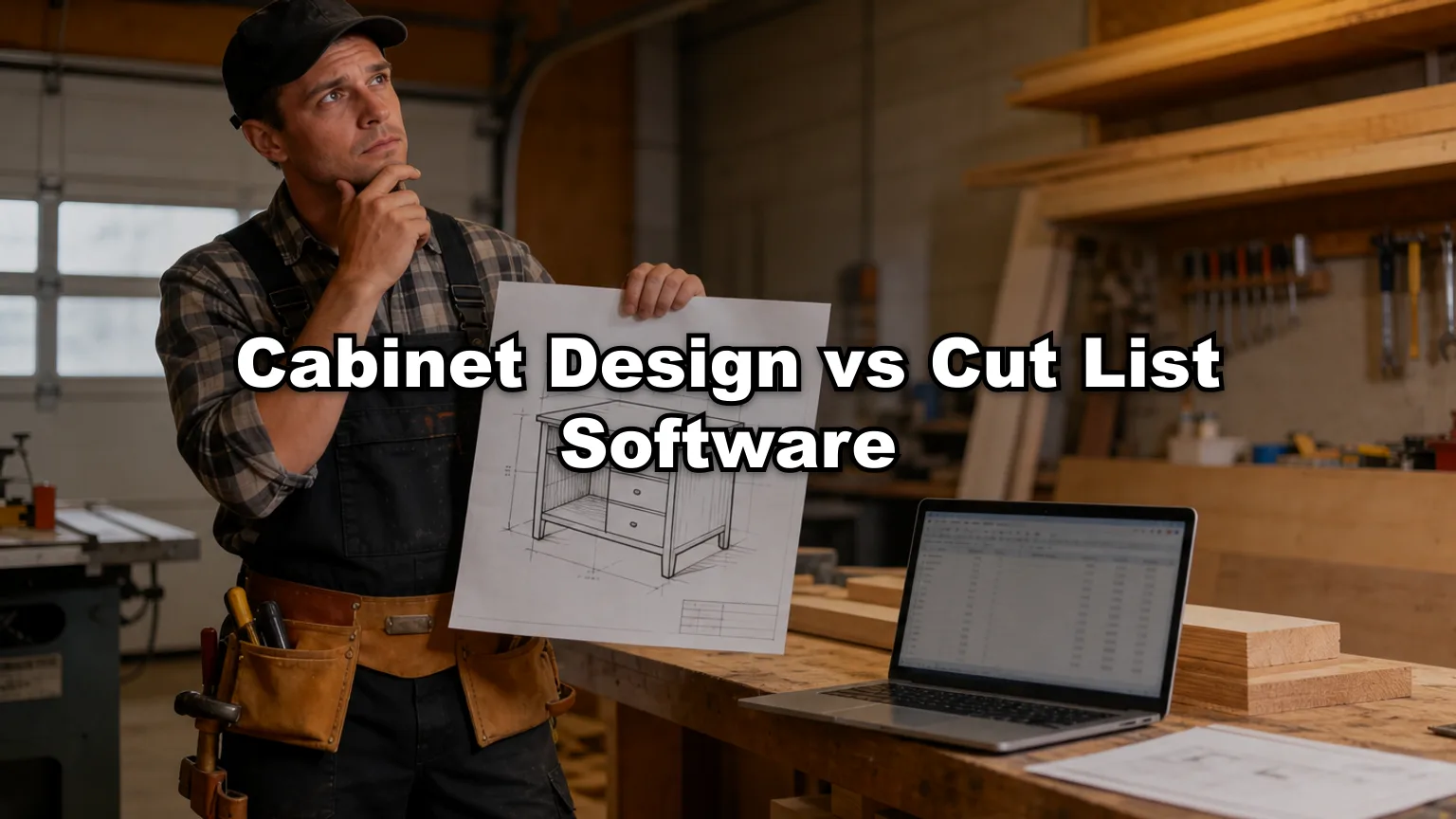 Cabinet Design vs Cut List Software cover — workshop photo with title overlay