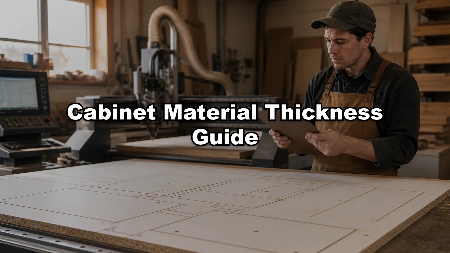 Cabinet Material Thickness Guide cover — workshop photo with title overlay