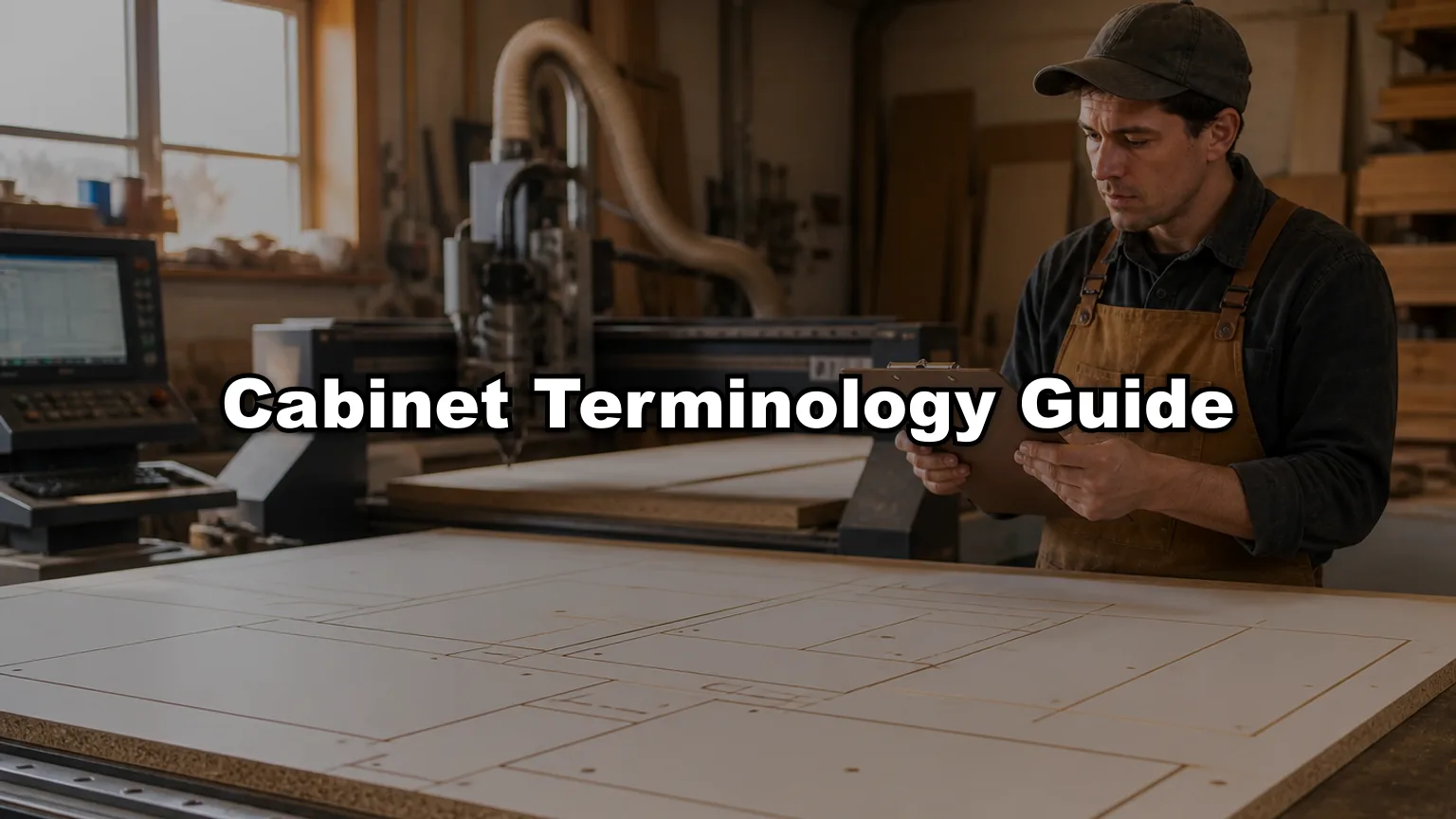 Cabinet Terminology Guide cover — workshop photo with title overlay
