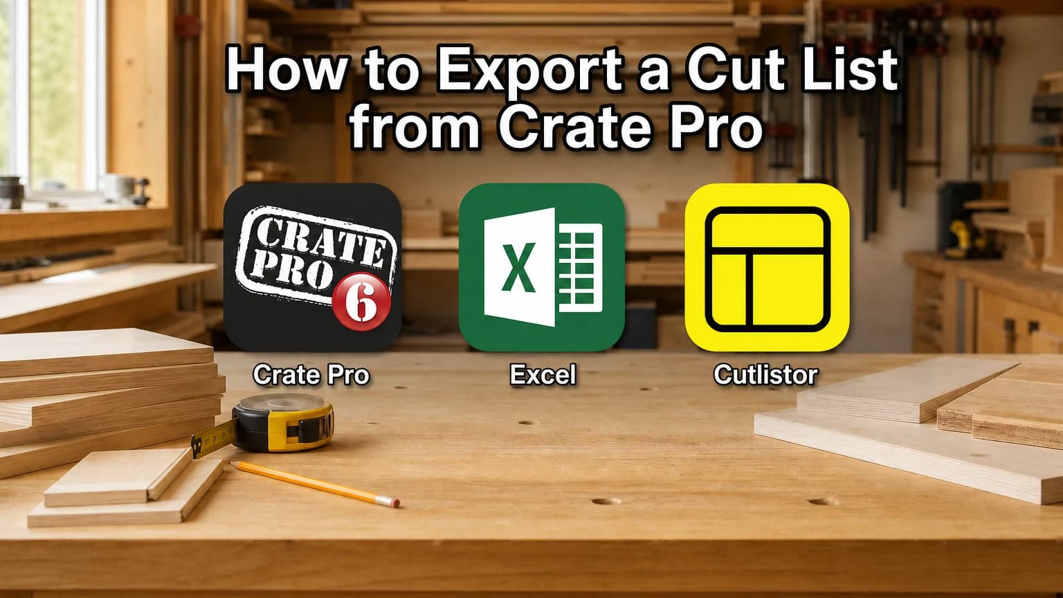 Crate Pro, Excel, and Cutlistor logos for how to export a cut list from Crate Pro