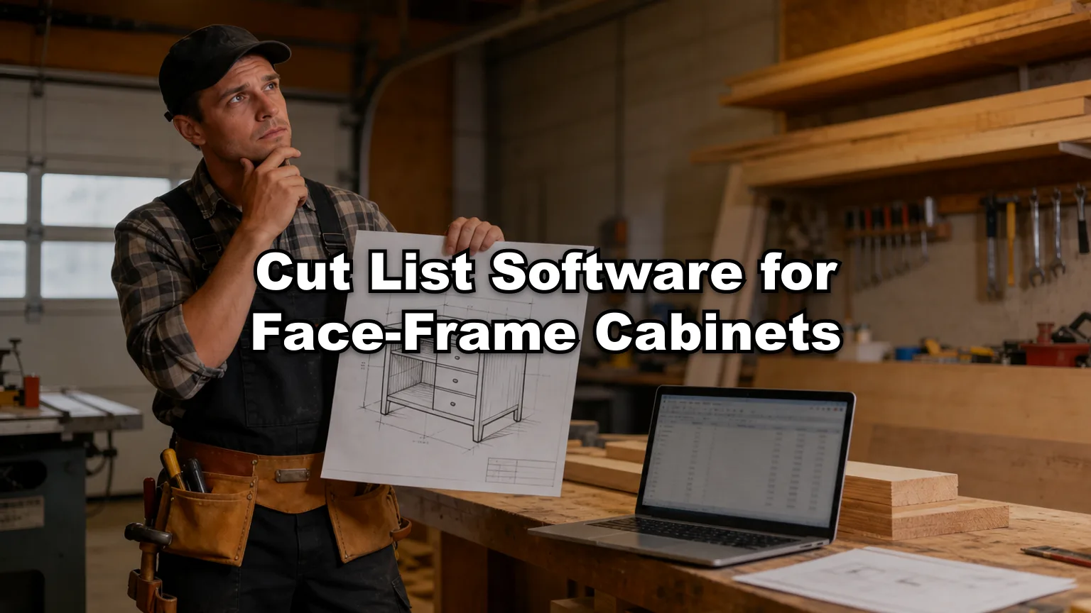 Cut List Software for Face-Frame Cabinets cover — workshop photo with title overlay