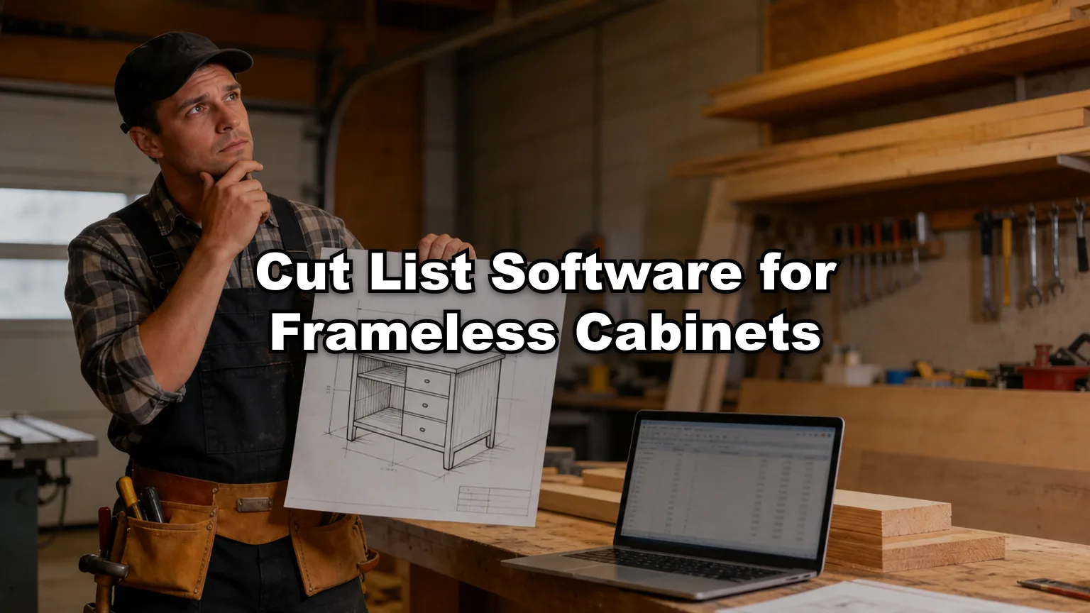 Cut List Software for Frameless Cabinets cover — workshop photo with title overlay