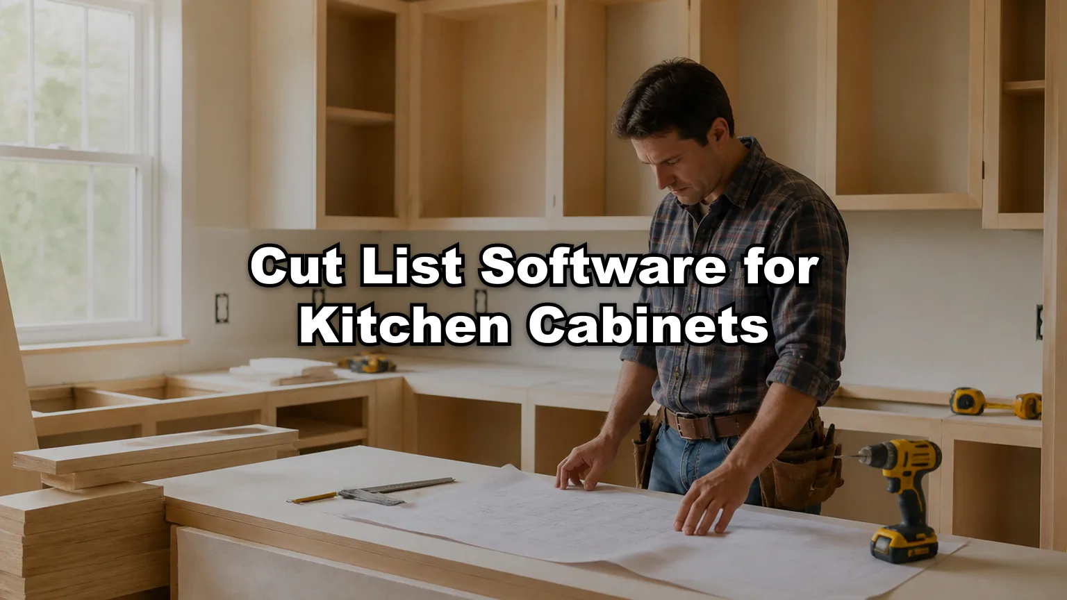 Cut List Software for Kitchen Cabinets cover — workshop photo with title overlay