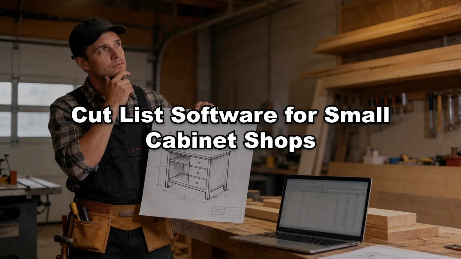 Cut List Software for Small Cabinet Shops cover — workshop photo with title overlay