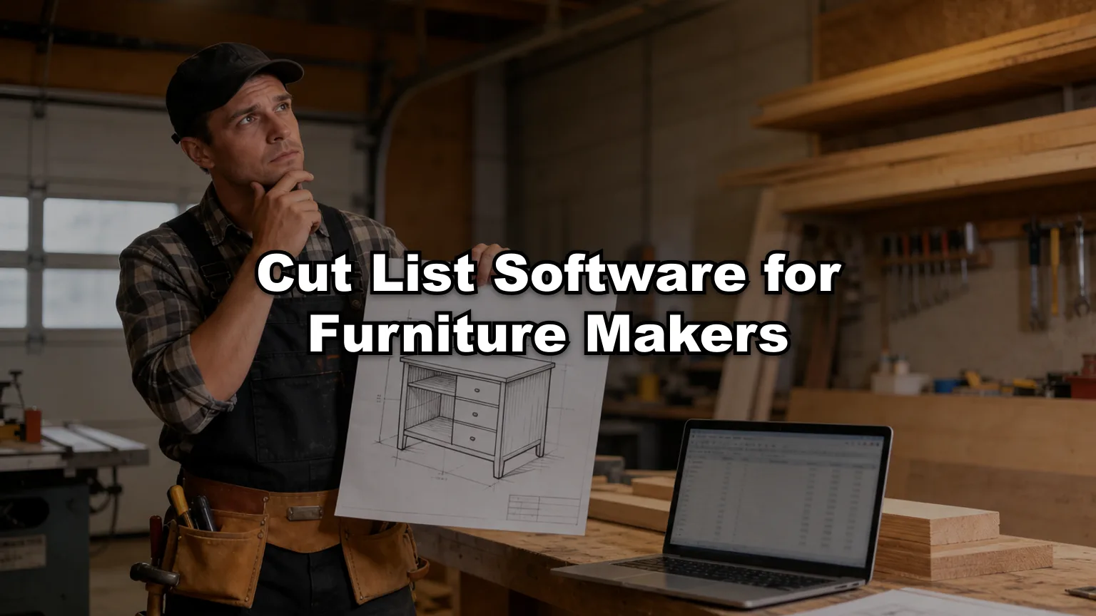 Cut List Software for Furniture Makers cover — workshop photo with title overlay