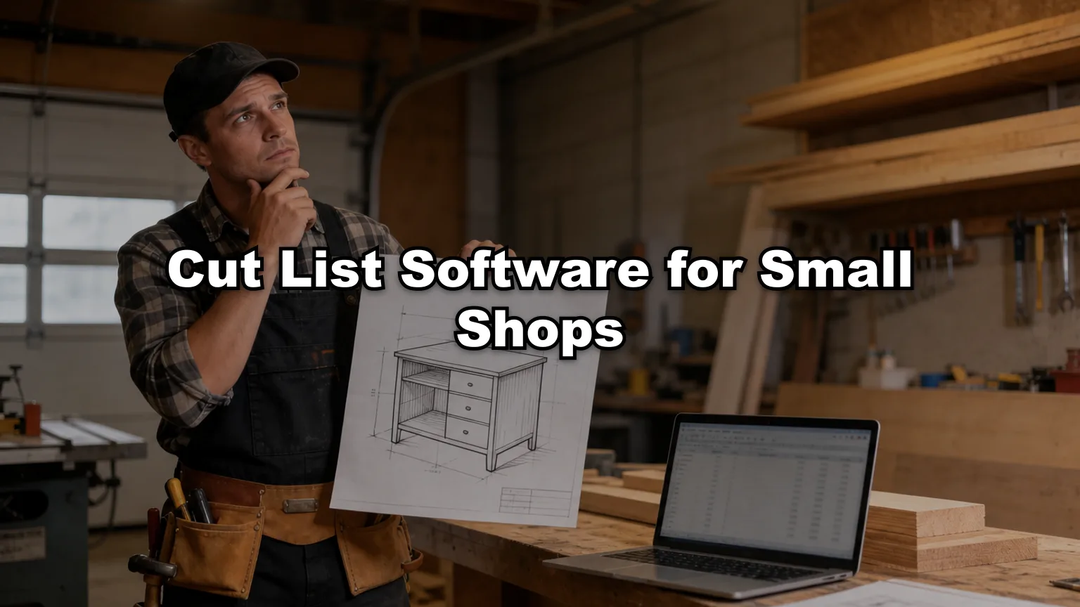 Cut List Software for Small Shops cover — workshop photo with title overlay