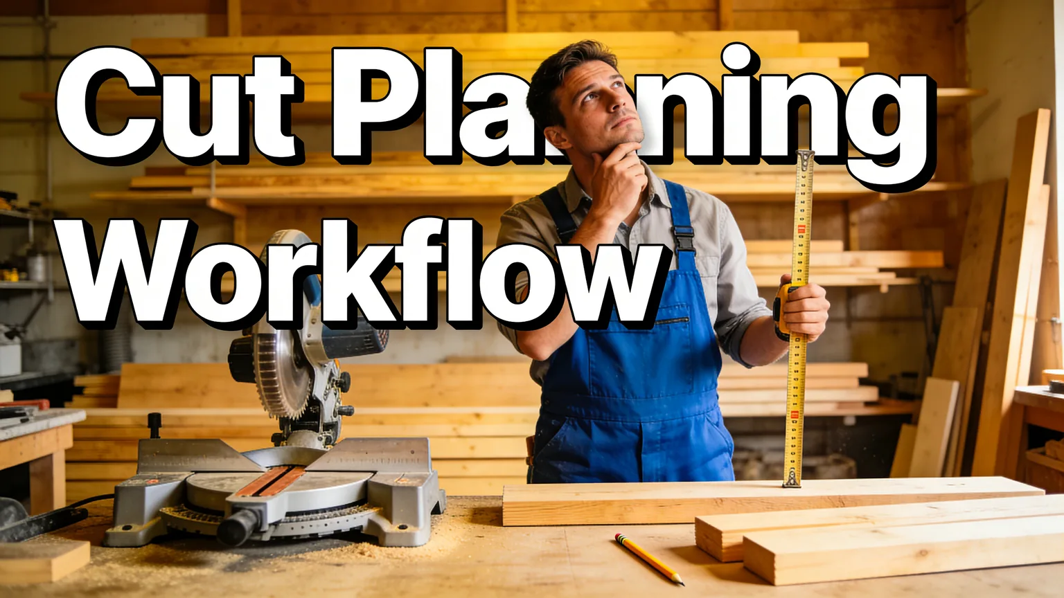 Woodworker planning a cut list workflow with tape measure and lumber