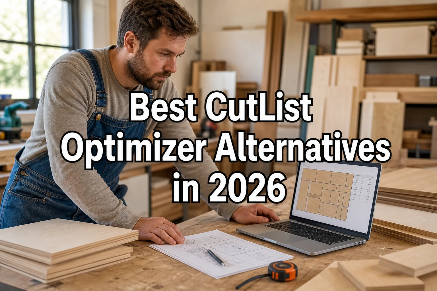 Comparing cut list optimizer alternatives on a laptop in a woodworking shop