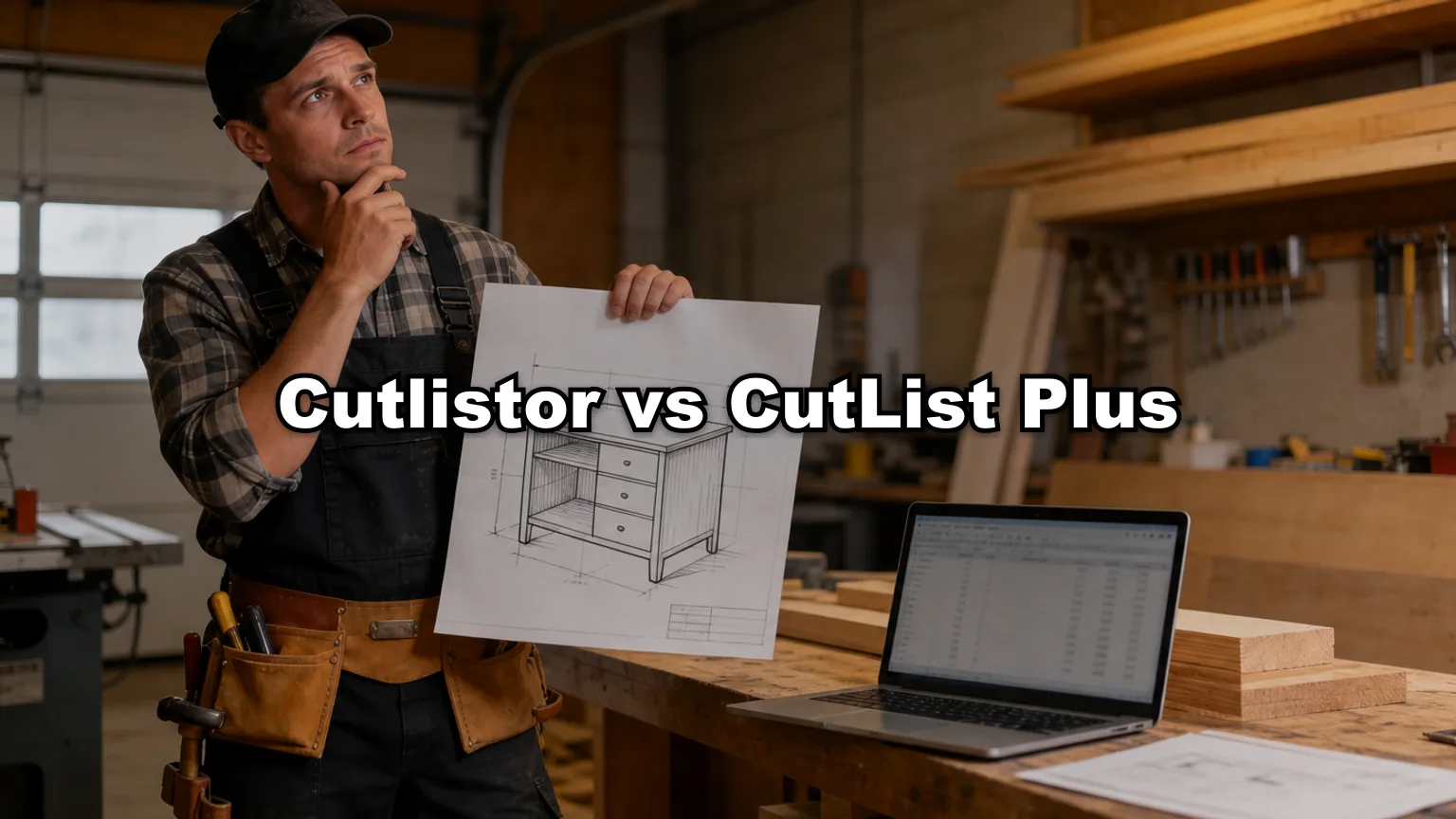 Cutlistor vs CutList Plus cover — workshop photo with title overlay