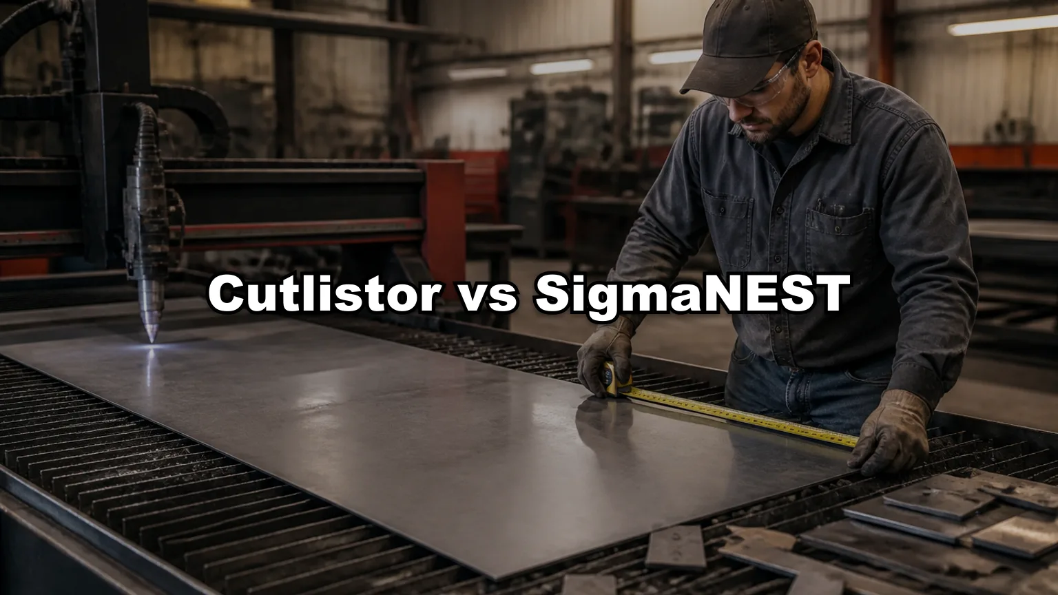 Cutlistor vs SigmaNEST cover — workshop photo with title overlay