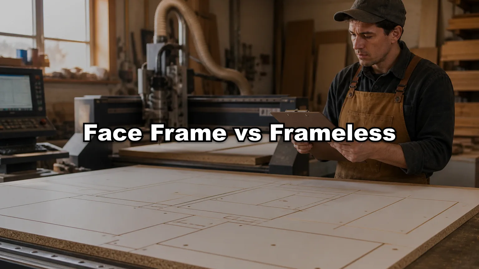 Face Frame vs Frameless cover — workshop photo with title overlay