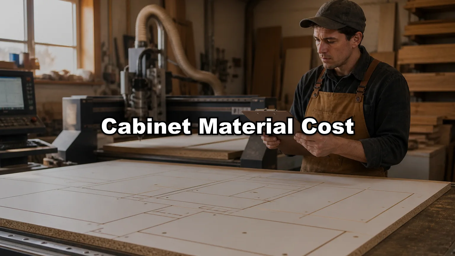 Cabinet Material Cost cover — workshop photo with title overlay