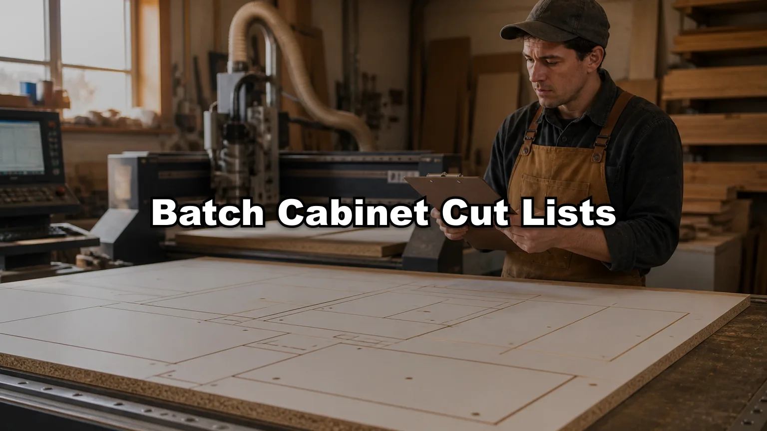 Batch Cabinet Cut Lists cover — workshop photo with title overlay