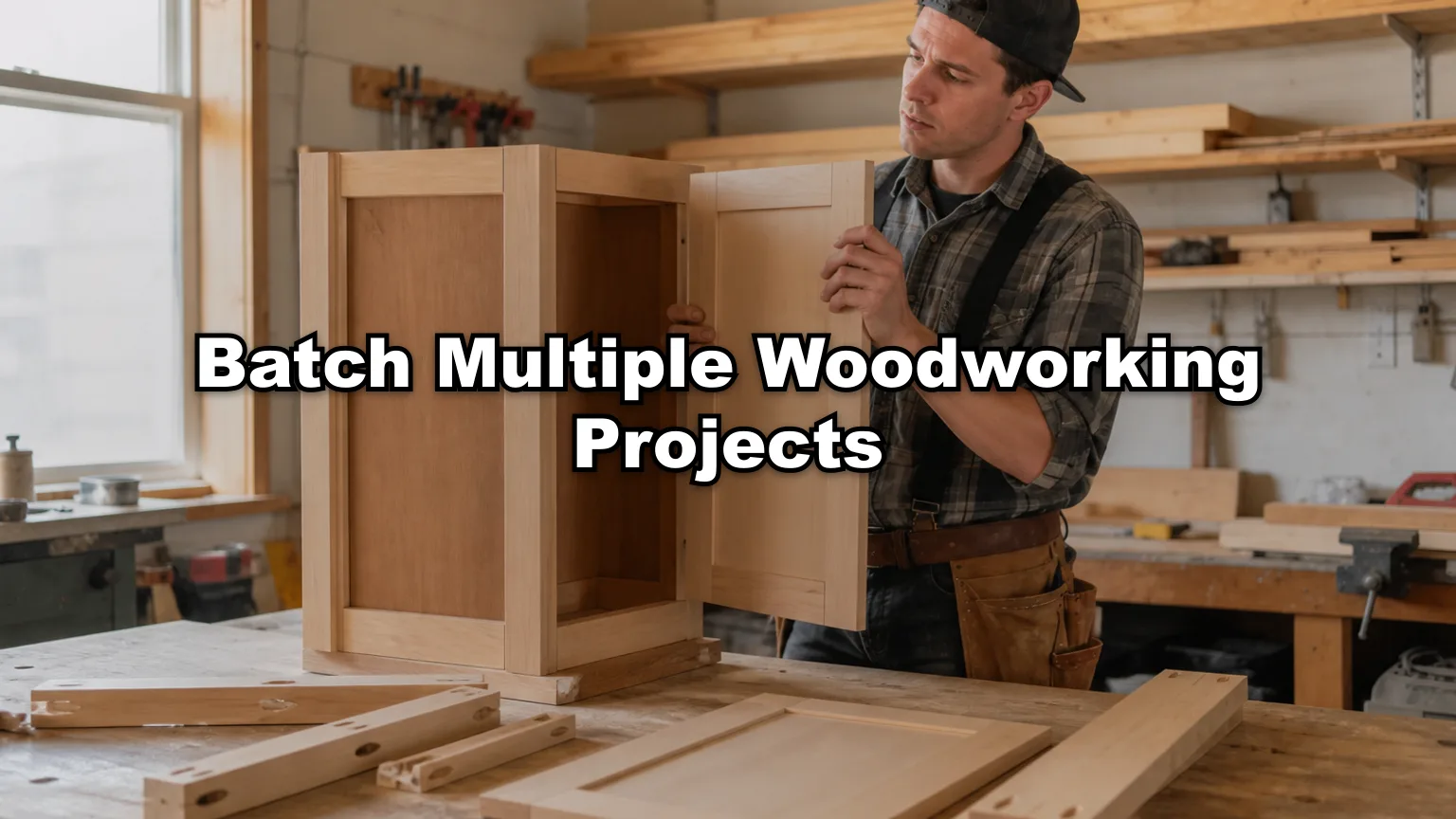 Batch Multiple Woodworking Projects cover — workshop photo with title overlay