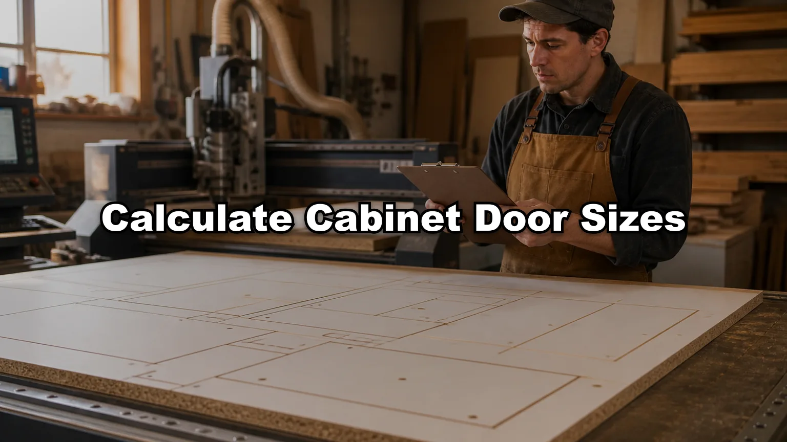 Calculate Cabinet Door Sizes cover — workshop photo with title overlay