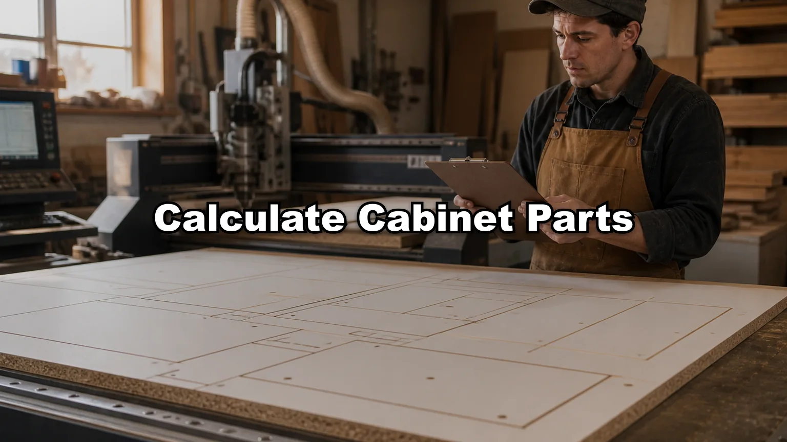 Calculate Cabinet Parts cover — workshop photo with title overlay