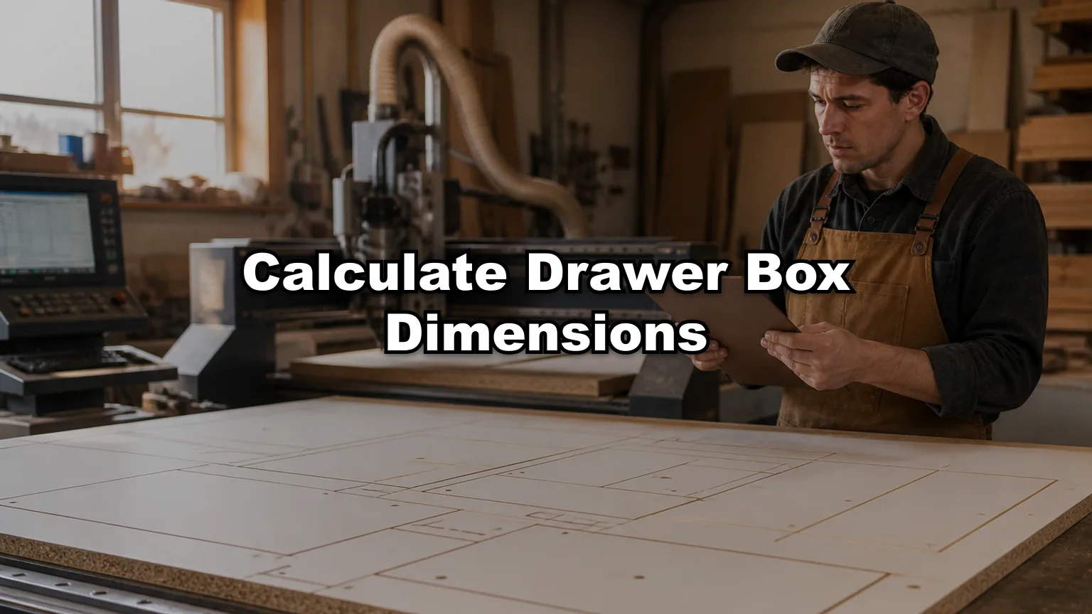 Calculate Drawer Box Dimensions cover — workshop photo with title overlay