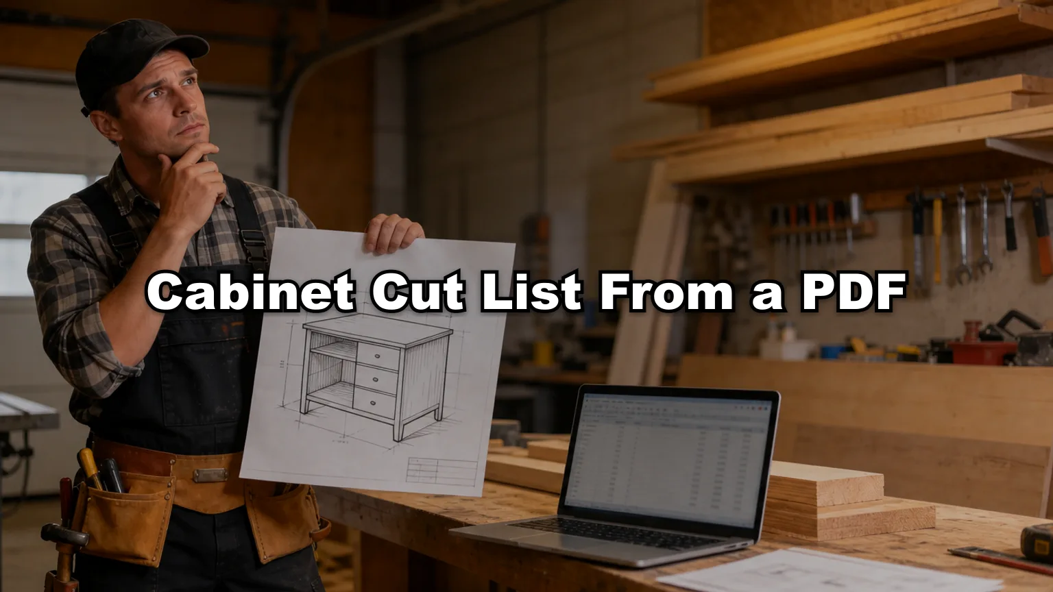 Cabinet Cut List From a PDF cover — workshop photo with title overlay