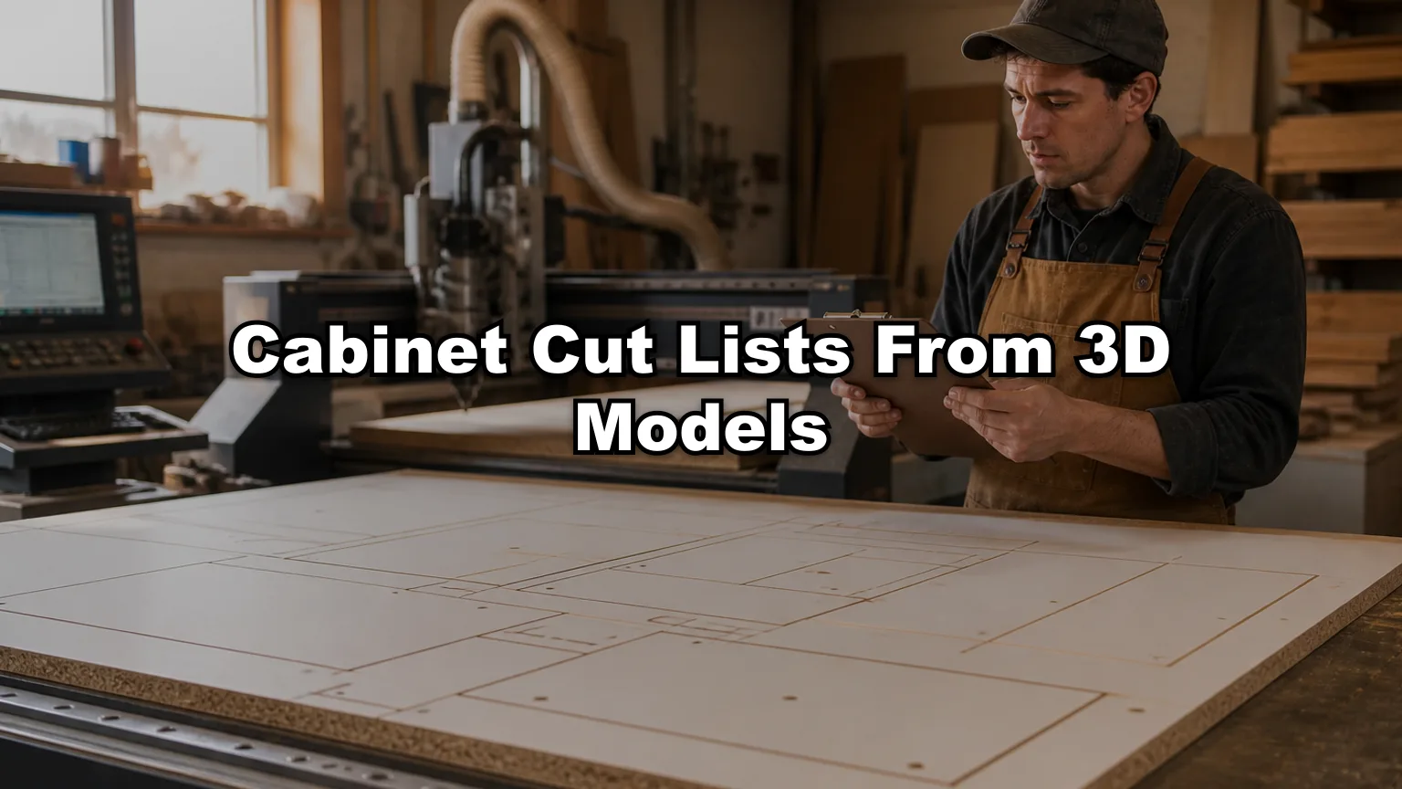 Cabinet Cut Lists From 3D Models cover — workshop photo with title overlay