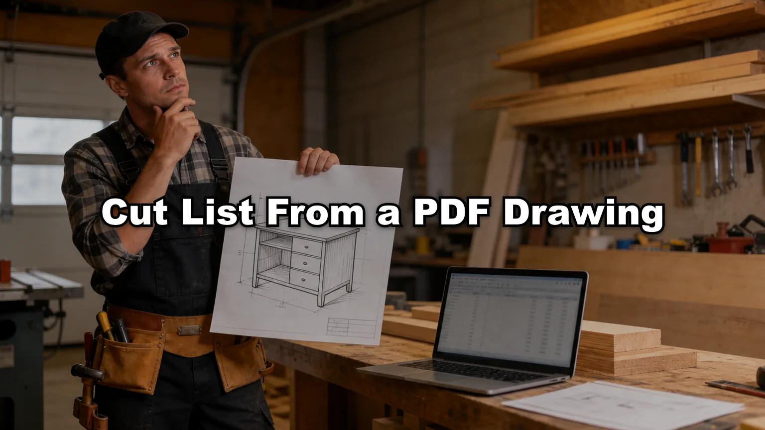 Cut List From a PDF Drawing cover — workshop photo with title overlay
