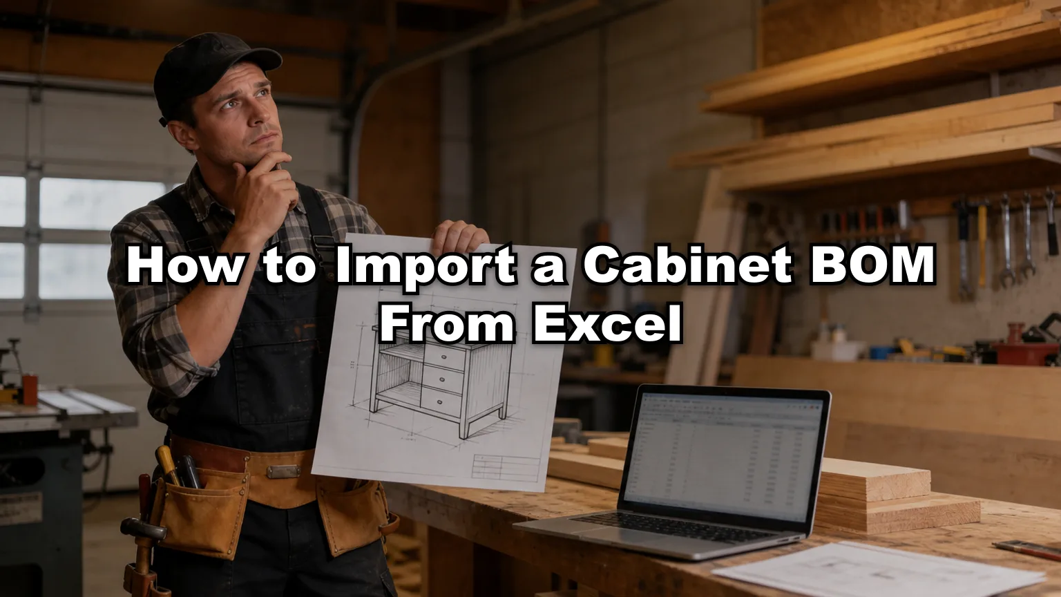 How to Import a Cabinet BOM From Excel cover — workshop photo with title overlay