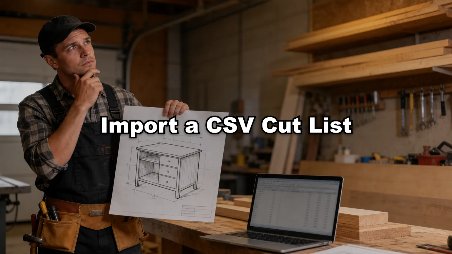 Import a CSV Cut List cover — workshop photo with title overlay