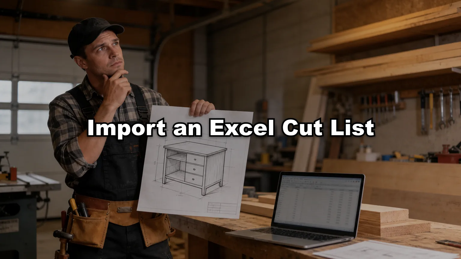 Import an Excel Cut List cover — workshop photo with title overlay