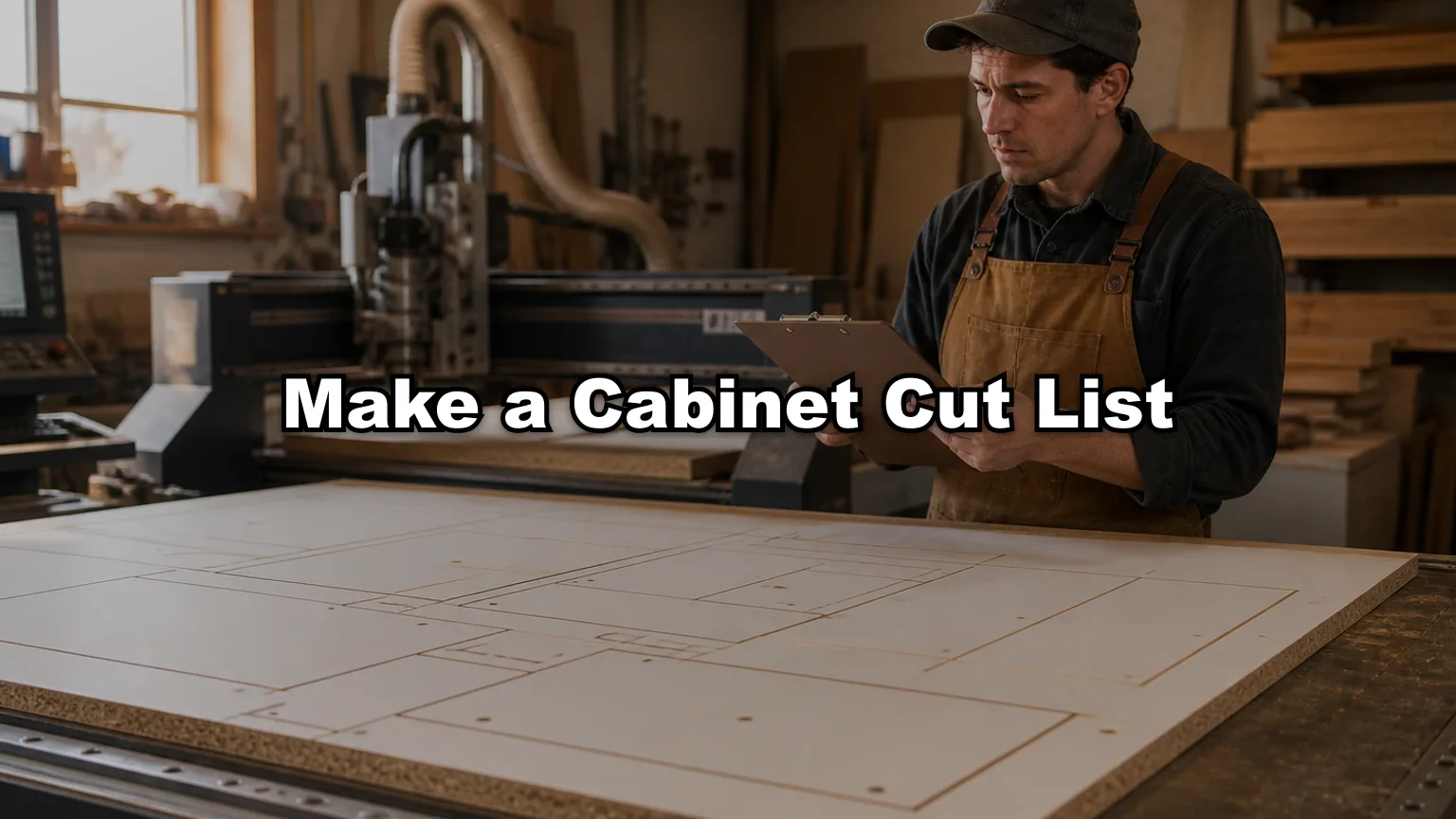 Make a Cabinet Cut List cover — workshop photo with title overlay