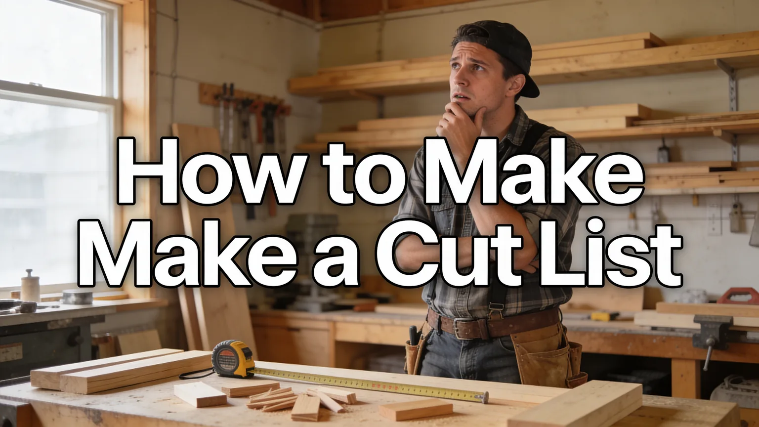 Woodworker building a cut list at a workshop bench