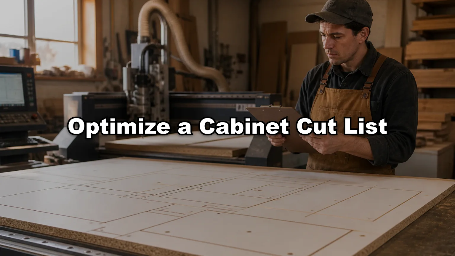 Optimize a Cabinet Cut List cover — workshop photo with title overlay