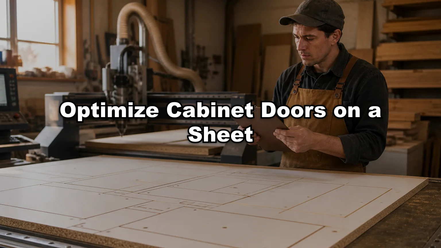 Optimize Cabinet Doors on a Sheet cover — workshop photo with title overlay