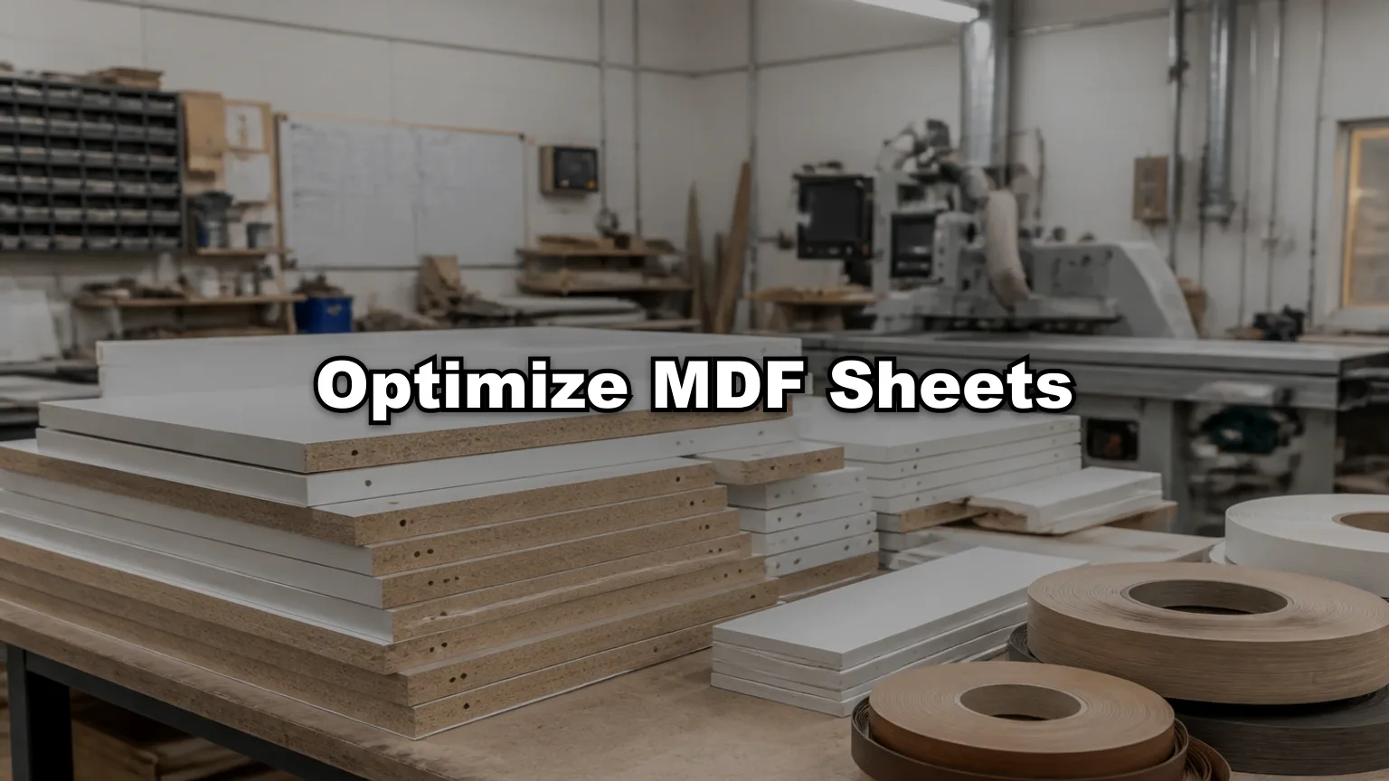 Optimize MDF Sheets cover — workshop photo with title overlay