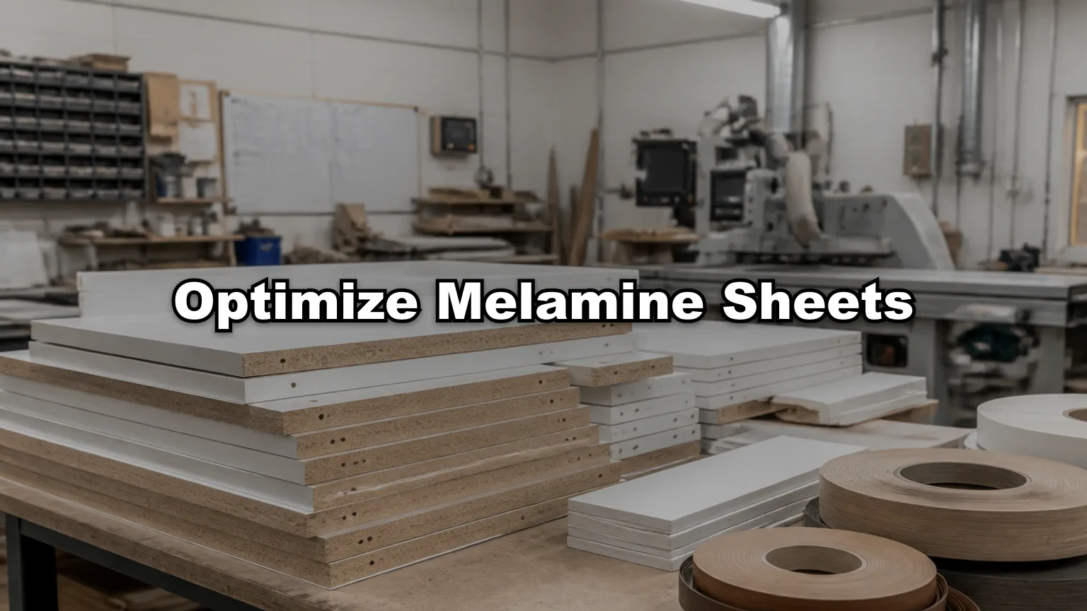 Optimize Melamine Sheets cover — workshop photo with title overlay