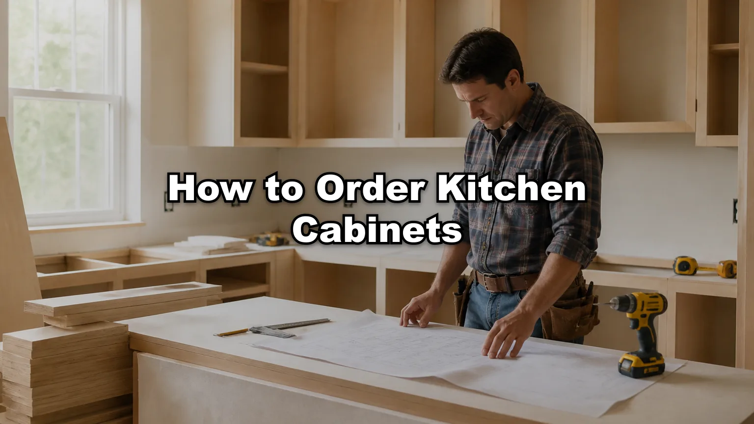 How to Order Kitchen Cabinets cover — workshop photo with title overlay