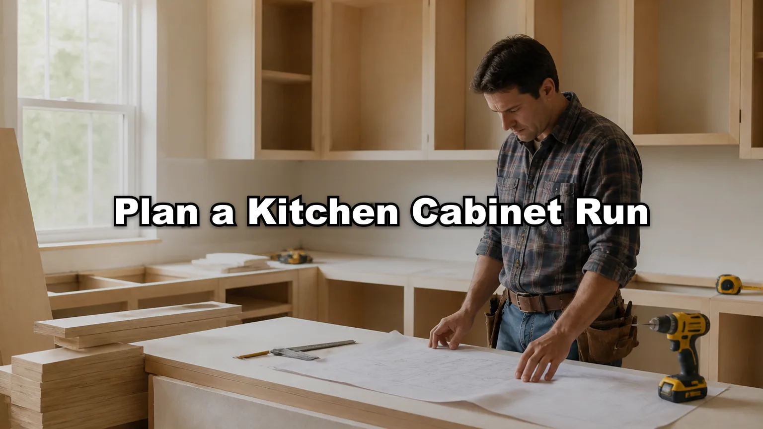 Plan a Kitchen Cabinet Run cover — workshop photo with title overlay