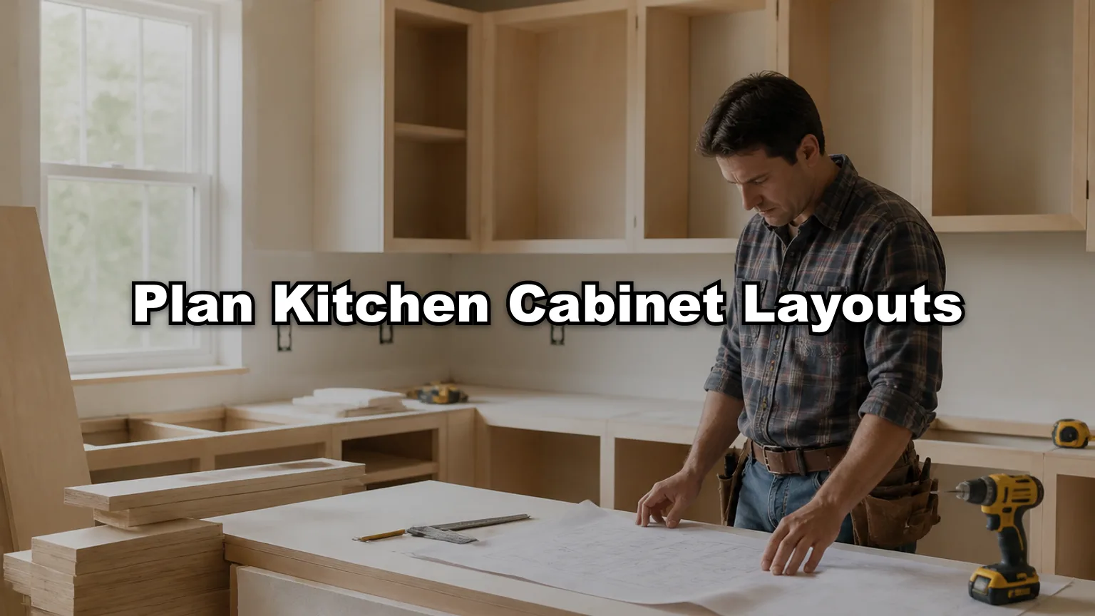 Plan Kitchen Cabinet Layouts cover — workshop photo with title overlay