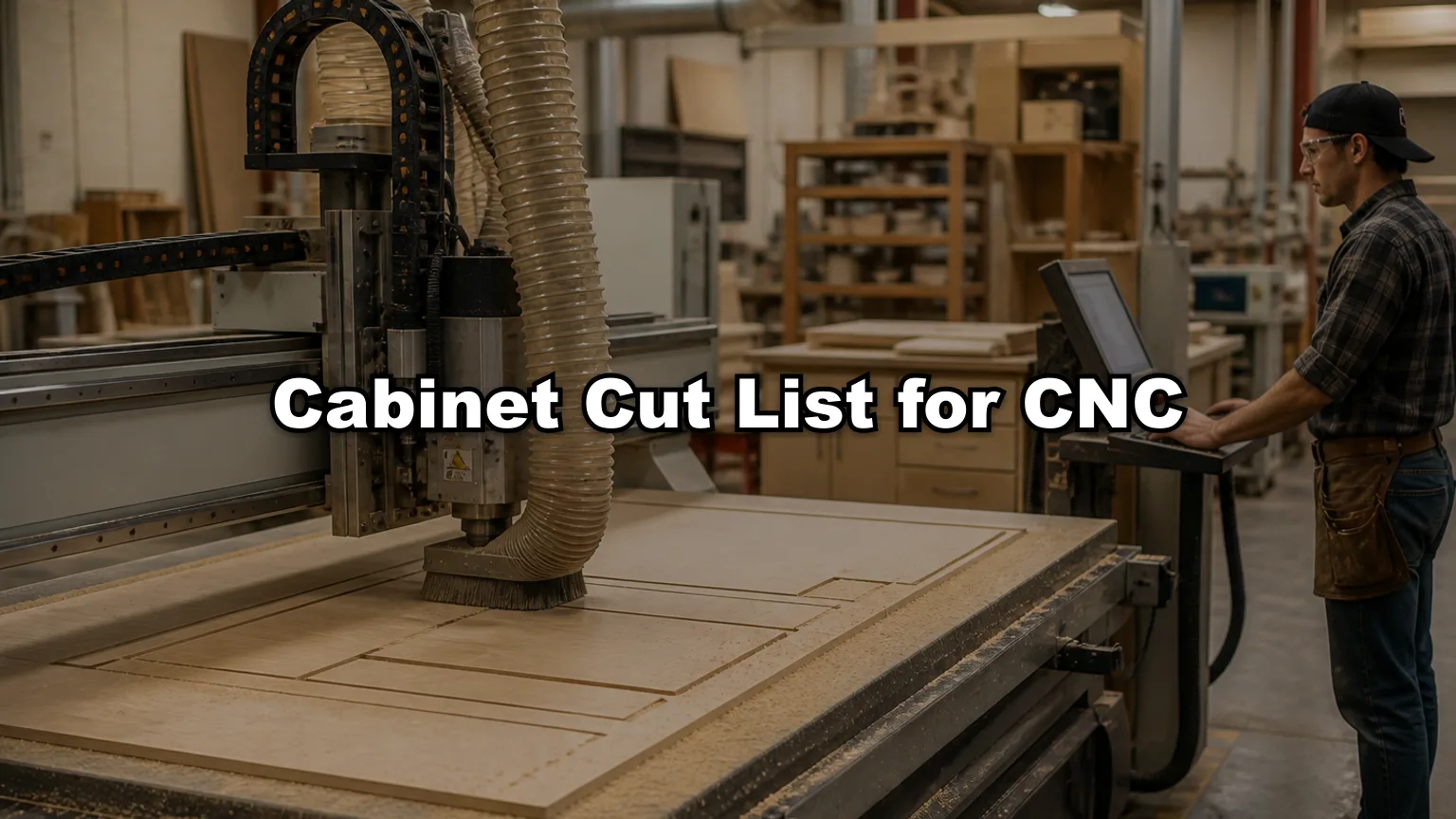 Cabinet Cut List for CNC cover — workshop photo with title overlay