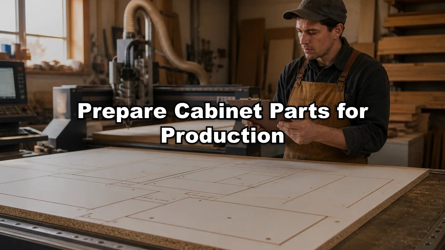 Prepare Cabinet Parts for Production cover — workshop photo with title overlay