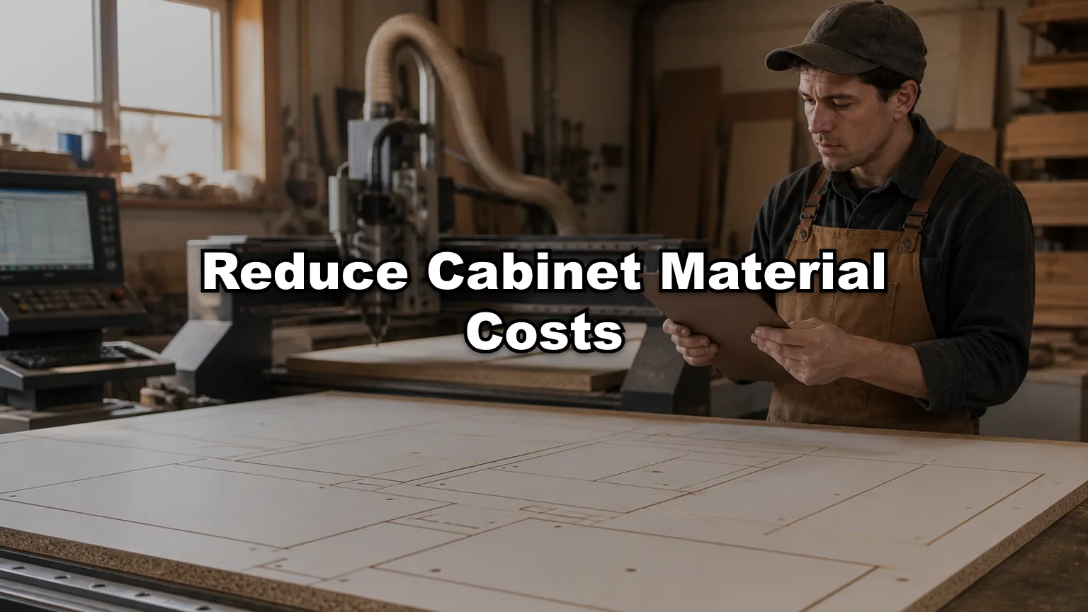 Reduce Cabinet Material Costs cover — workshop photo with title overlay