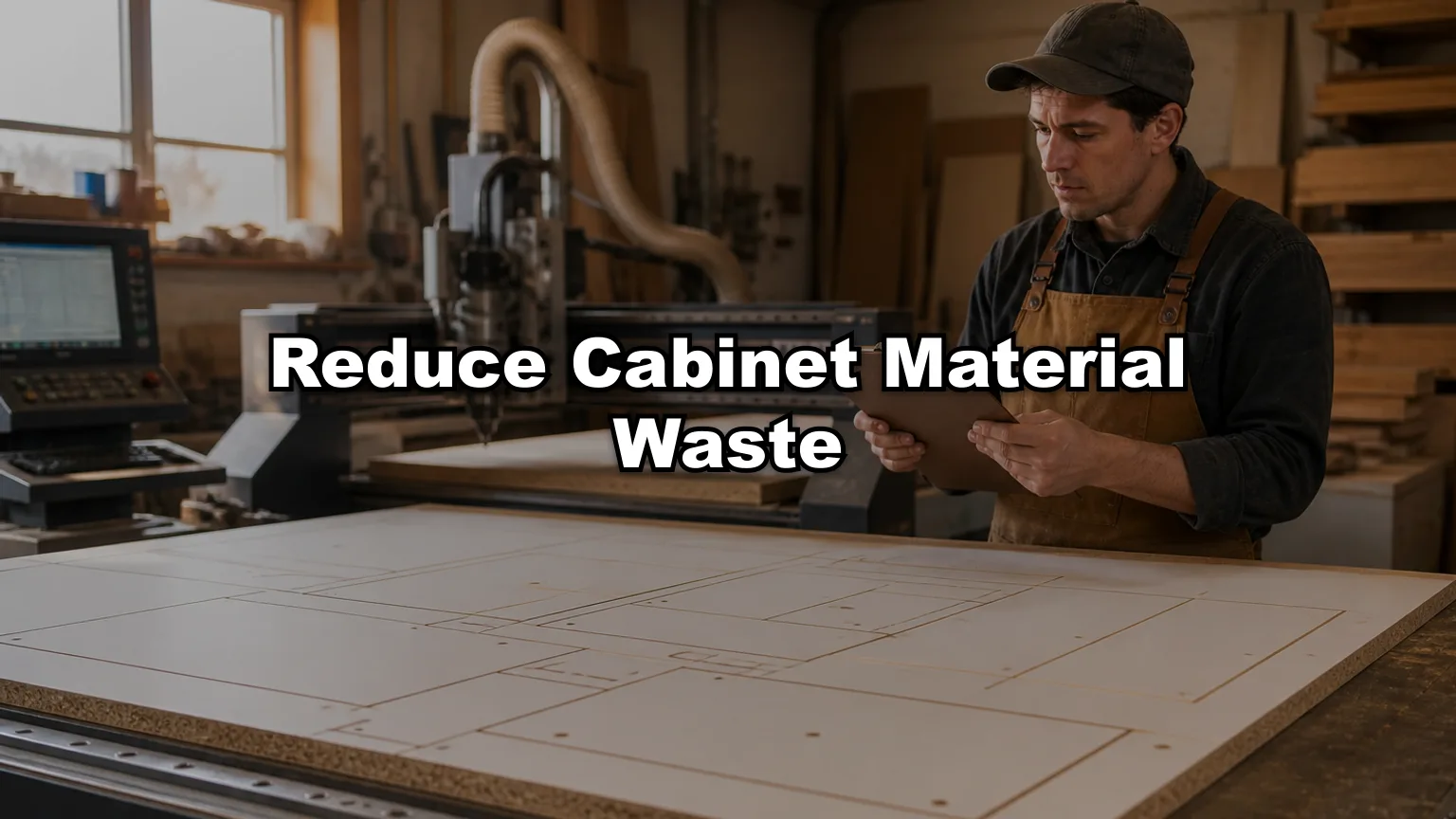 Reduce Cabinet Material Waste cover — workshop photo with title overlay