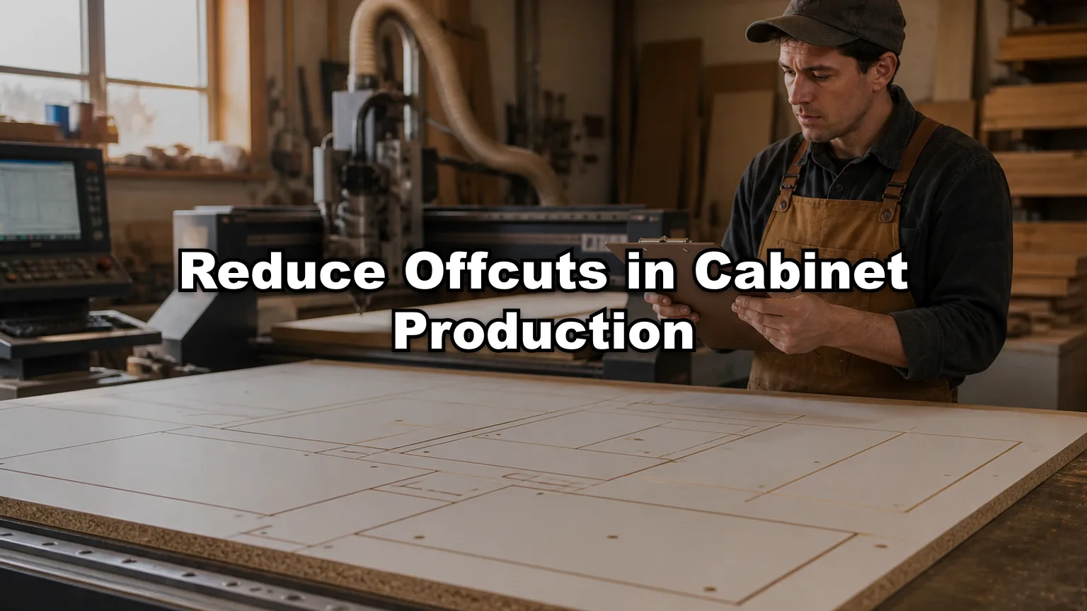 Reduce Offcuts in Cabinet Production cover — workshop photo with title overlay